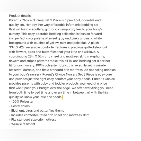 3pc Nursery Comforter Set Crib Sheet Pink Gray Elephant Bird Parent's Choice NEW - Picture 12 of 14